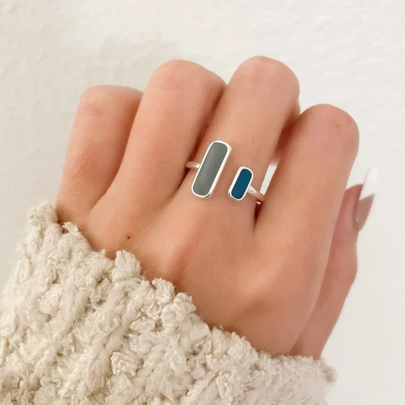 925 Sterling Silver Bar Ring Minimalist Dainty Bar Ring Blue Double Bar Ring - Picture 2 of 9